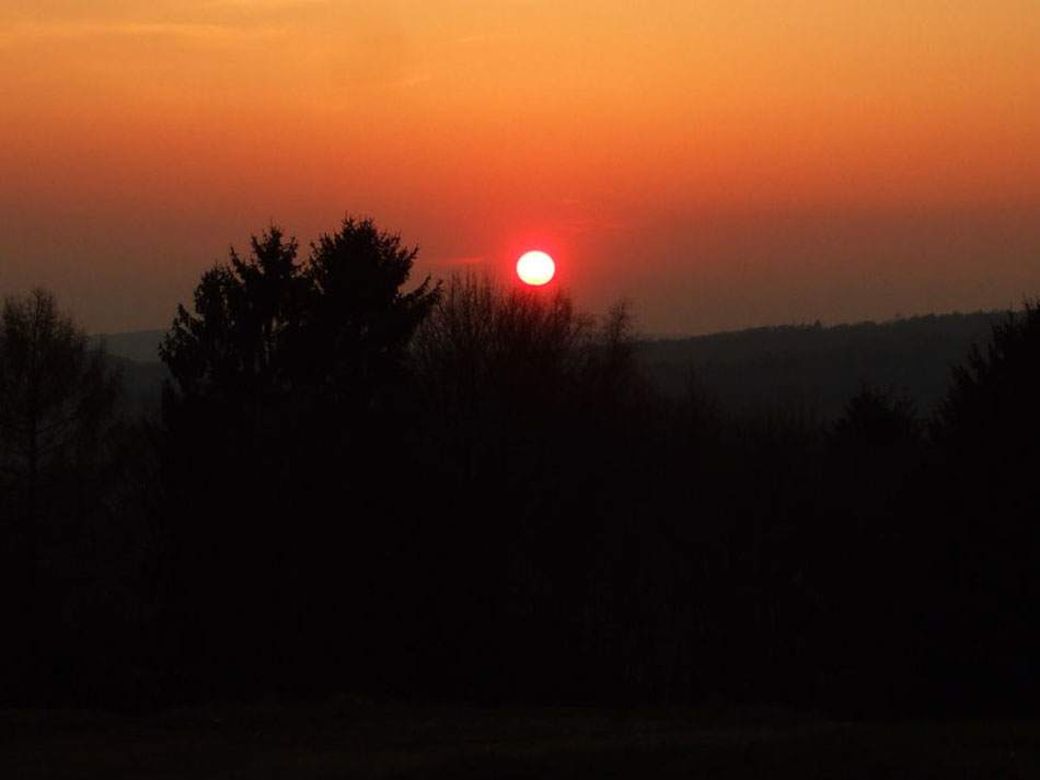Sonnenuntergang über bewaldeten Hügeln