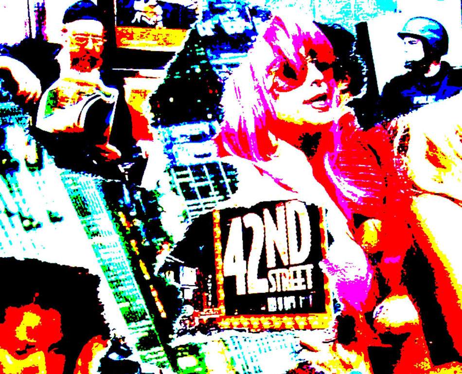 Pop-Art-Collage aus Großstadtmotiven mit Leuchtschild „42nd Street“
